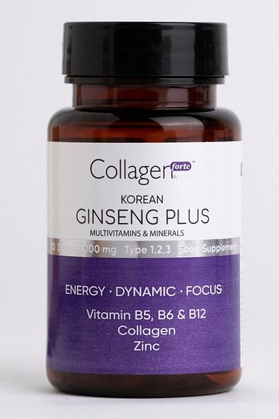 Collagen Forte Platinum Red Korean Ginseng Plus, Hydrolyzed Collagen, Vitamin B5, B6, B12, Zinc, Softgel 1000Mg