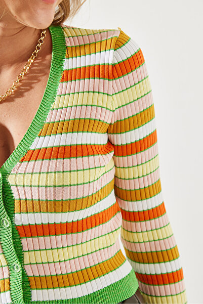 Bianco Lucci Striped Women's Cardigan - Glitter Detailed, Basic Model 20223175