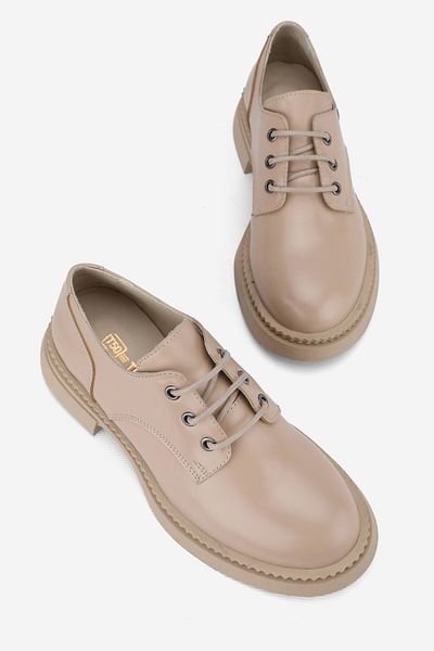 TUNAELLİ Pantofi din piele de damă bej - mărimea 36-41, cu șireturi și design plat