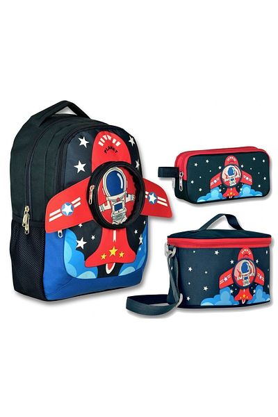 ÜMİT ÇANTA Cennec 3D Astronaut Printed School Bag and Pencil Bag Set - Navy Blue