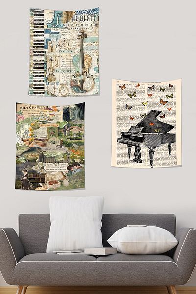 on the clouds Vintage Piano Violin Stickers - Letter Patterned, Stain Resistant, Wall Carpet Tapestry Set of 3