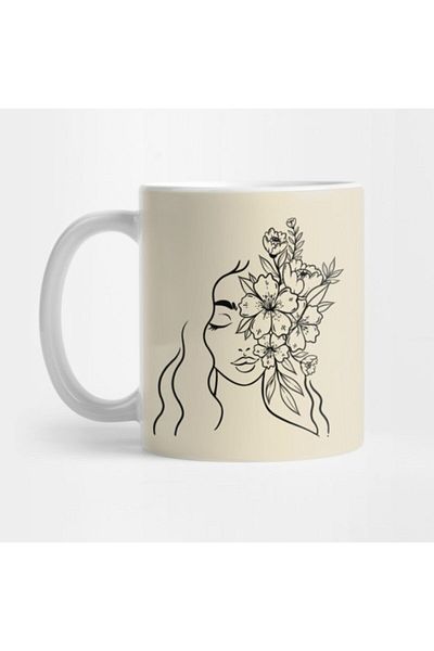 TatFast Lady and Flowers. Line Art Mug, Gift, Dowry, Presentation Holder