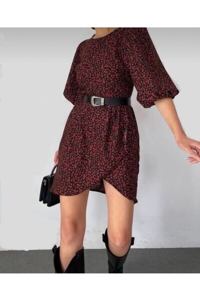 Genel Markalar Kadın Kırmızı Çiçek Desenli Elbise