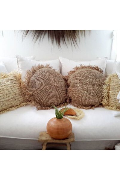 EACHTOME Kıraft Rafya Hasır Örgü Kırlent Kılıfı Yuvarlak Tekli