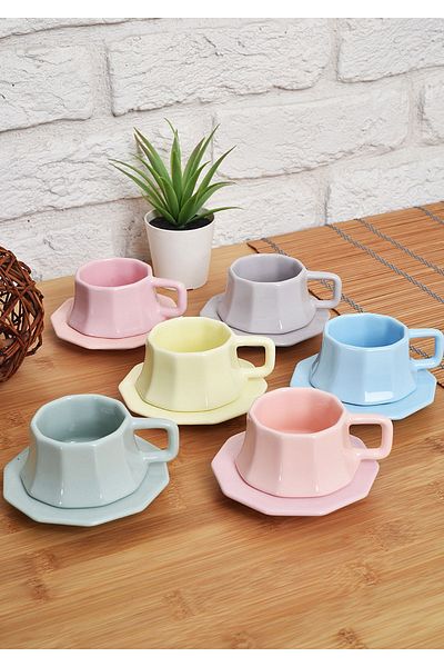 ŞURA MUTFAK 12 Piece Cup Set | Cup Set for 6 People | Colored Pastel