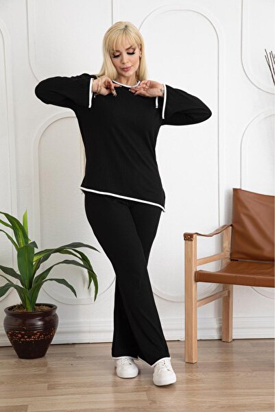 Butik Nilyam Голям размер анцуг от бяла ликра камизола - райе с детайли 24157