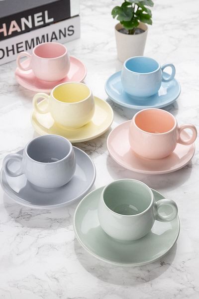 ŞURA MUTFAK 12 Piece Cup Set | Cup Set for 6 People | Pastel Chubby Model