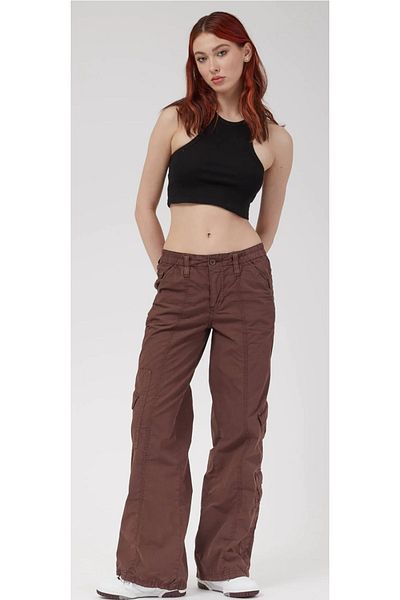 september island Brown Multi-Pocket Cargo Parachute Pants
