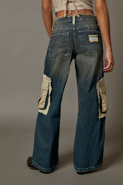 september island Vintage Distressed Detailed Patched Low Waist Cargo Jeans