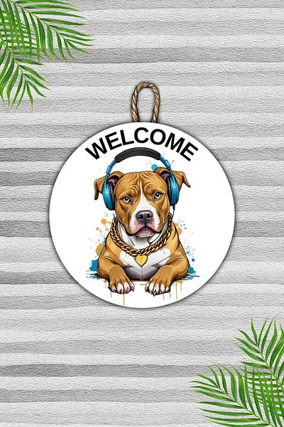 Dormot Home Modern Wooden Door Ornament - White Pitbull and Music Wall Door Ornament - Outdoor Door Ornament
