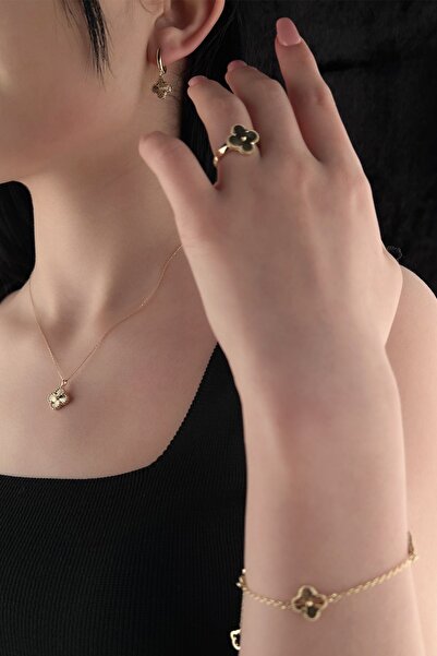 Fiyonk Kuyumculuk 14 Ayar Altın Shine Şans Yoncası Set (kolye,bileklik, Yüzük, Küpe)