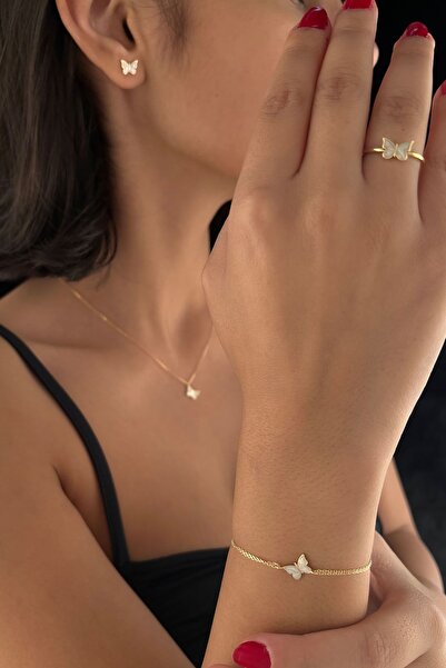 Fiyonk Kuyumculuk 14 Ayar Altın Beyaz Mineli Kelebek Set