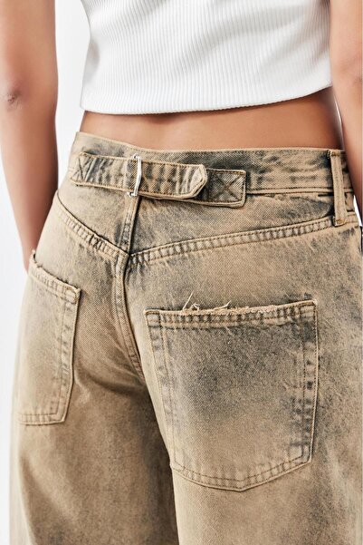 september island Vintage Eskitme Detaylı Baggy Kum Rengi Boyfriend Şalvar Kot