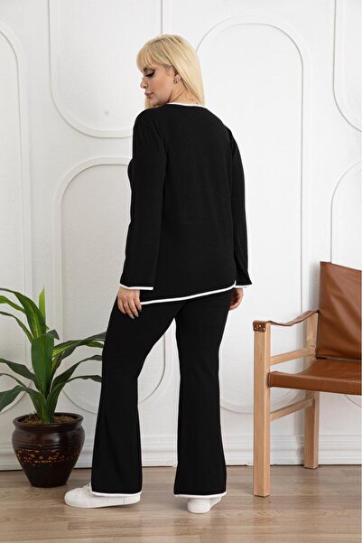 Butik Nilyam Голям размер анцуг от бяла ликра камизола - райе с детайли 24157