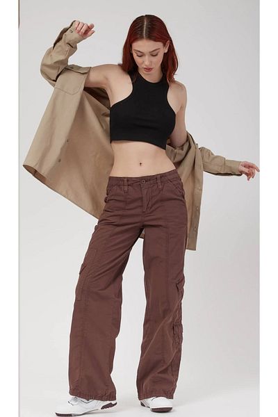 september island Brown Multi-Pocket Cargo Parachute Pants