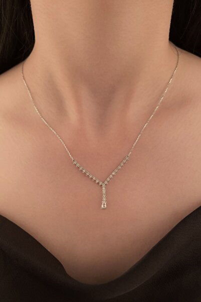 Fiyonk Kuyumculuk 14 Ayar Altın Damla Taş Detaylı Zincirli Kolye