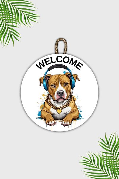 Dormot Home Modern Wooden Door Ornament - White Pitbull and Music Wall Door Ornament - Outdoor Door Ornament