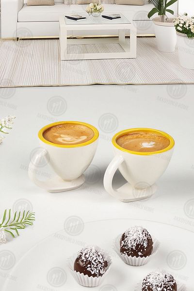 Sezka Life 2-Piece Porcelain Coffee Cup and Mug Set with Saucer - Yellow Gilded