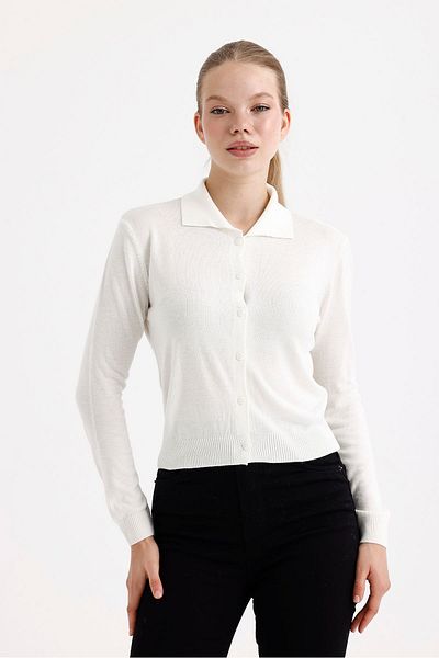fujya Women's Polo Collar White Thin Knitwear Cardigan