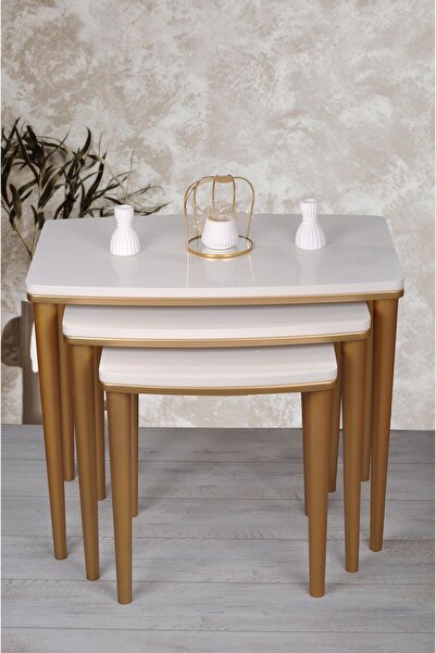 deniss home Napali 3'lü Lüx Ahşap Mdf Zigon Sehpa Bej Gold