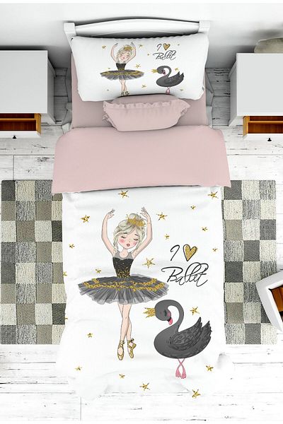 on the clouds Girl's Room - Swan Ballerina Patterned Bedspread and Pillowcase Pique