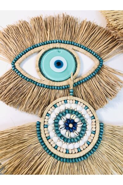Genel Markalar Turkuaz renkli doğal rafya ve nazar boncuklu ikili duvar dekoru
