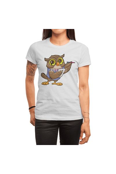 Fizello Λευκό μπλουζάκι για άνδρες και γυναίκες - Owl Secretary, Ballpoint Pen και Noteler