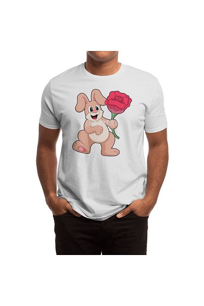 Fizello Unisex Λευκό T-shirt για άνδρες και γυναίκες - Κουνέλι με μοτίβο κόκκινο τριαντάφυλλο