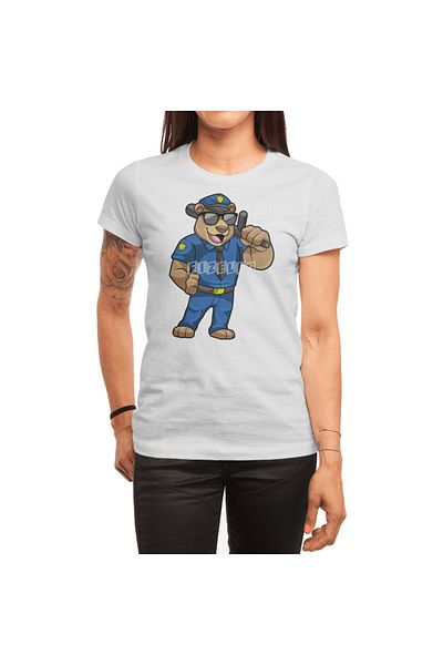 Fizello تي شيرت أبيض للجنسين - تي شيرت نسائي من Bear As Police Officer وPolice Uniform و Baton