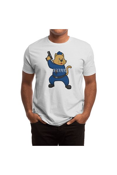 Fizello Tricou alb unisex pentru bărbați și femei - Cat As Police Officer With Gun