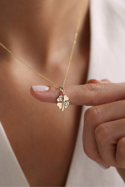 Gianfranco 14 Ayar Altın Mavi Mineli Nazar Boncuklu Yonca Kolye Ucu