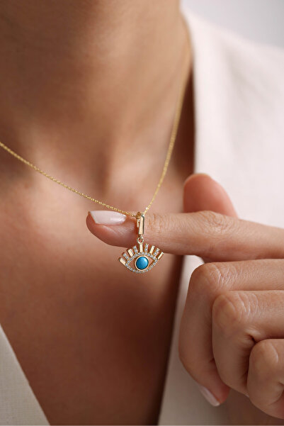 Gianfranco 14 Ayar Altın Mavi Firuze Taşlı Göz Kilitli Charm Kolye Ucu