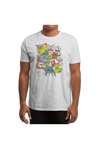 Fizello Λευκό μπλουζάκι Unisex - Funny Doodle πολύχρωμες γάτες, χωρίς ραφή πρότυπο, σχέδιο γατών με σχέδιο στο χέρι