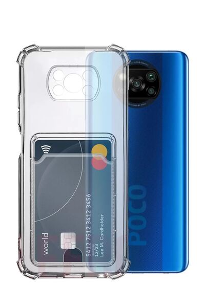 emybox Redmi Poco X3 / X3 Pro NFC Kamera Köşe Korumalı Darbe Emici Silikon Şeffaf Kartlıklı Telefon Kılıfı