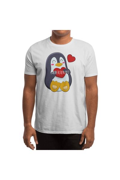 Fizello Penguin Heart Patterned Unisex White T-Shirt