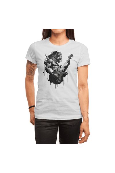 Fizello Tricou alb unisex pentru bărbați și femei - model de chitară Lion Plays