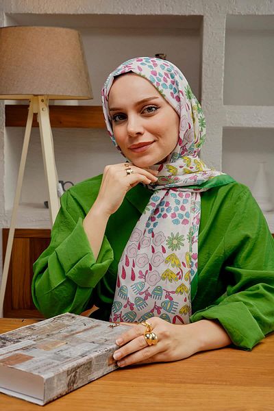 AFVENTE شال أخضر من القطن الناعم بنمط الأزهار