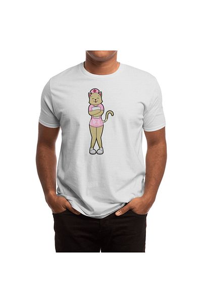 Fizello Men's and Women's Unisex White T-Shirt - Cat as Nurse with Medical List