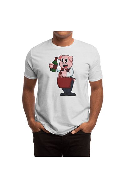 Fizello Ανδρικό και γυναικείο μπλουζάκι - Pig As Waiter With Bottle Of Red Wine Design, Unisex Λευκό T-shirt