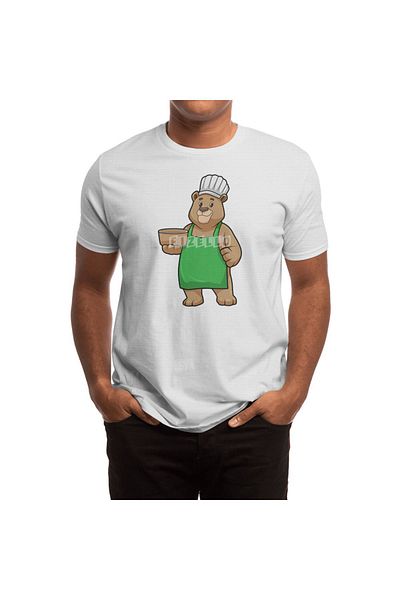 Fizello Men's and Women's T-Shirt - Bear as Cook Pattern, Cooking Apron and Wooden Bowl Detail, Unisex White T-Shirt