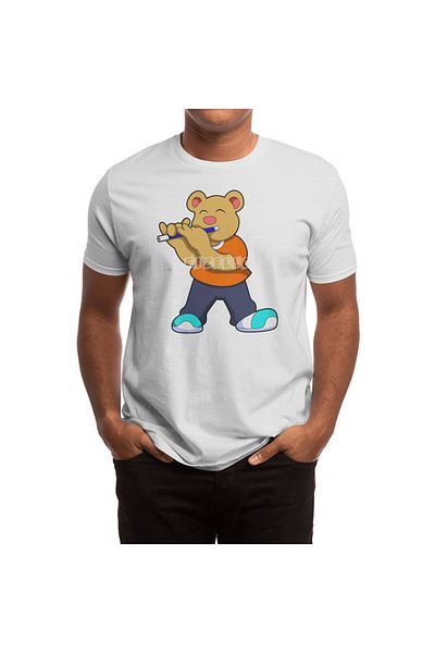 Fizello Λευκό T-Shirt για άνδρες και γυναίκες - Μπλουζάκι Unisex με μοτίβο Bear Music Flute