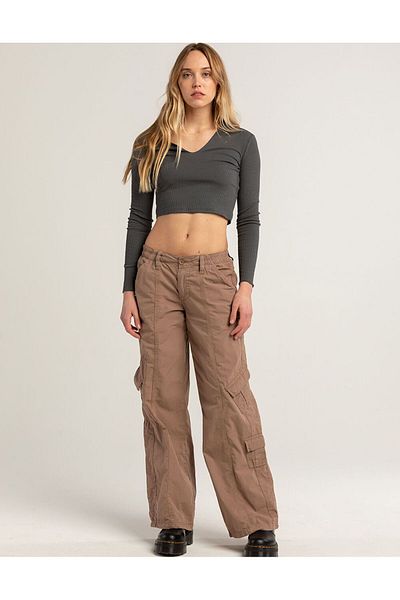 september island Light Brown Y2K Low Waist Parachute Fabric Cargo Pants