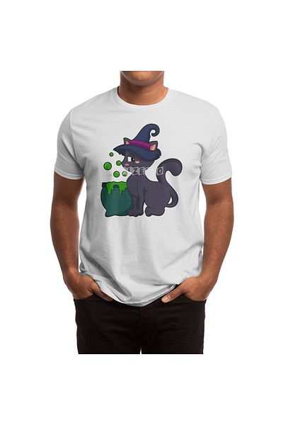 Fizello Ανδρικό και γυναικείο λευκό μπλουζάκι - Cat As Witch With Cauldron Pattern