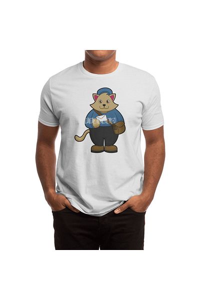 Fizello Men's and Women's White T-Shirt - Cat as Postman Patterned with Envelope and Bag Detail