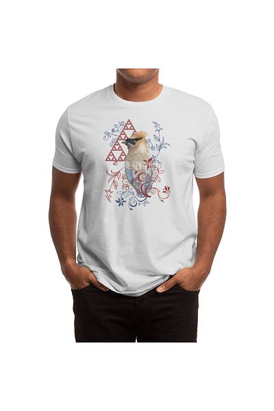 Fizello Λευκό μπλουζάκι Unisex - Γεωμετρικό Watercolor Bird, μοτίβο κέδρου Waxwing