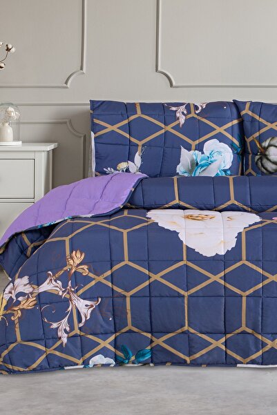 POMELO HOME Tek Kişilik Çiçek Desenli Lacivert Çift Taraflı Yatak Örtüsü, Yastık Kılıfı Seti, Takımı