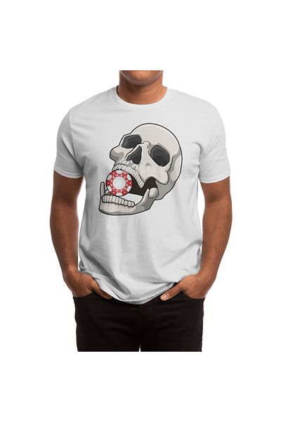 Fizello Men and Women's White T-Shirt - Skull with Poker Chip Unisex T-Shirt