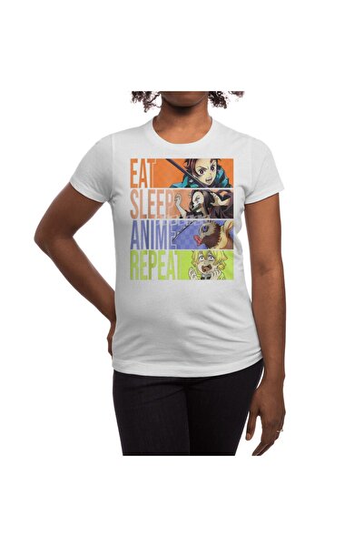 Fizello Λευκό μπλουζάκι Unisex - Graphic Slayer Demon Eat Sleep Anime Repeat