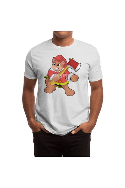 Fizello Tricou alb unisex pentru bărbați și femei - Bear As Firefighter With Ax