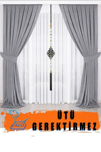 İ.D İpek Dokuma Light Gray Velvety Pleated Background Curtain 1st Class Quality
